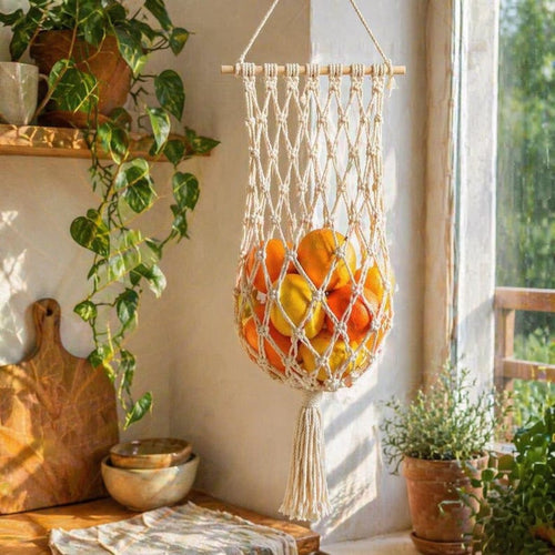 Boho Macrame Hanging Fruit Basket Wall Mounted Cotton Fruit Hammock Rustic Kitchen Organizer for Small Space RV Decor