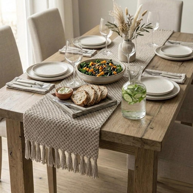 Boho Macrame Table Runner with Tassels, 18-108 inch, Dining & Coffee Table Decor