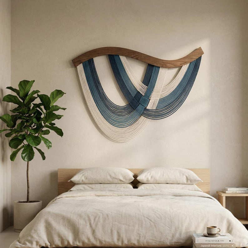 The Flow Wall Hanging - Scandinavian Macrame Wall Art with Teal and Cream Tones - Wavy Wood Bar - 31.5"W x 23.6"H
