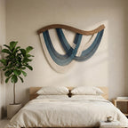 The Flow Wall Hanging - Scandinavian Macrame Wall Art with Teal and Cream Tones - Wavy Wood Bar - 31.5"W x 23.6"H