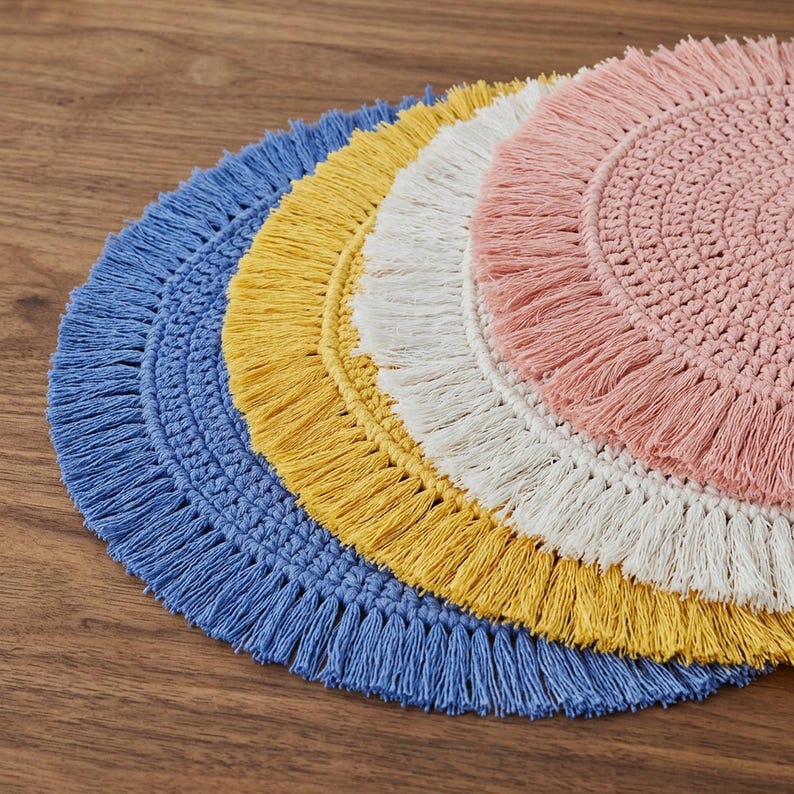 Boho Macrame Round Placemat with Fringe – Rustic Table Mat, 40cm