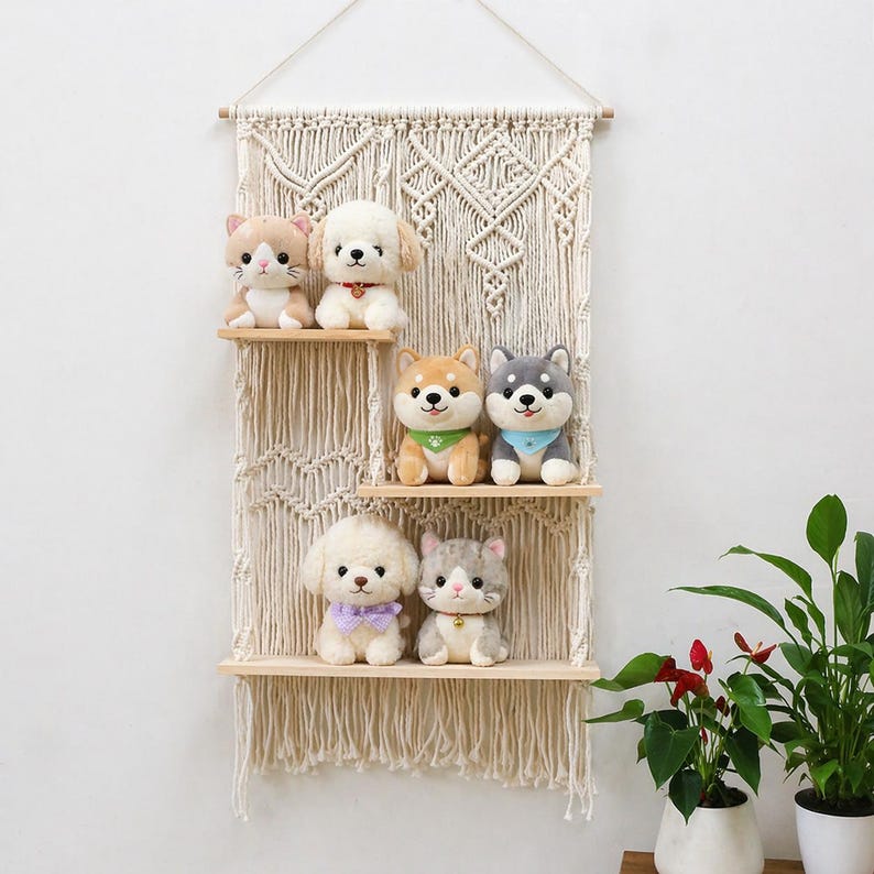 3-Tier Macrame Wall Shelf Boho Hanging Shelf with Wooden Shelves 50x90 cm Natural Cotton Handmade Wall Decor