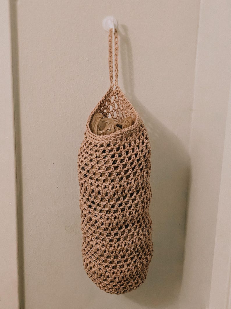 Crochet Grocery Bag Holder | Hanging Plastic Bag Dispenser | Mesh Kitchen Storage Organizer