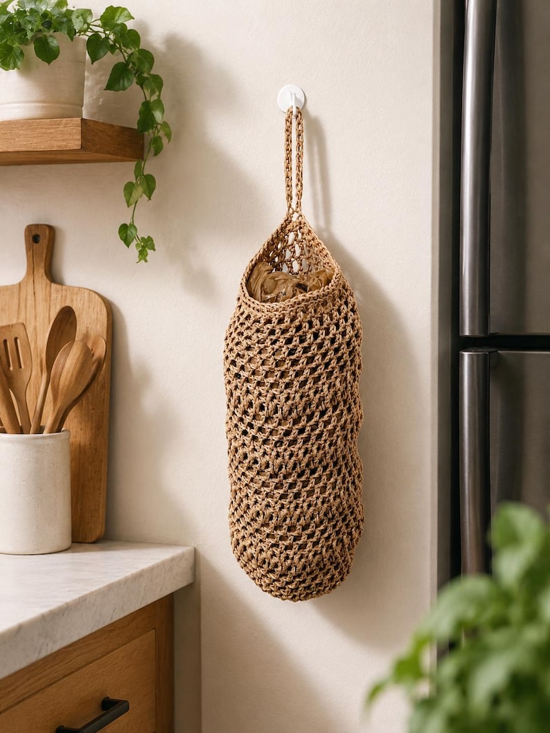 Crochet Grocery Bag Holder | Hanging Plastic Bag Dispenser | Mesh Kitchen Storage Organizer