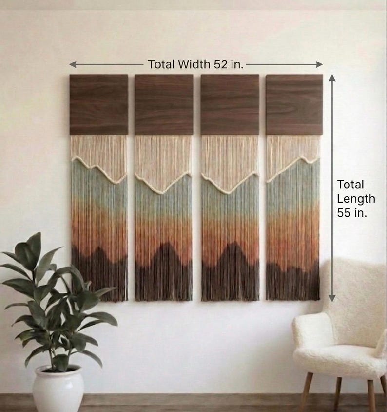 Macrame Wall Hanging Set Dip Dye Coastal Fiber Art Wall Panels, Cotton Rope, Cream Brown Terracotta, 11.8x4 inches, 59 inches Long