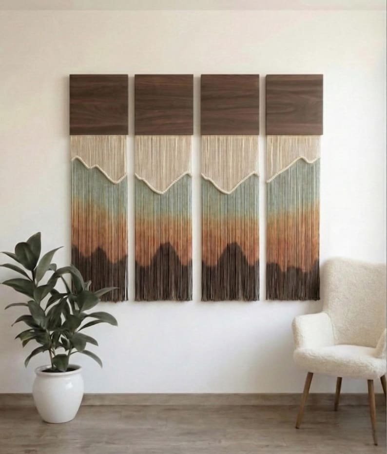 Macrame Wall Hanging Set Dip Dye Coastal Fiber Art Wall Panels, Cotton Rope, Cream Brown Terracotta, 11.8x4 inches, 59 inches Long