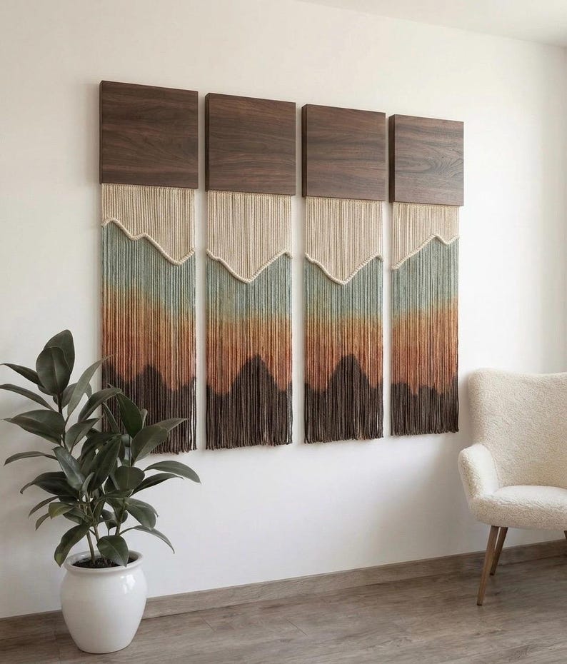 Macrame Wall Hanging Set Dip Dye Coastal Fiber Art Wall Panels, Cotton Rope, Cream Brown Terracotta, 11.8x4 inches, 59 inches Long