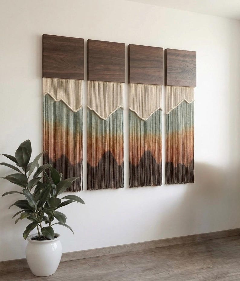 Macrame Wall Hanging Set Dip Dye Coastal Fiber Art Wall Panels, Cotton Rope, Cream Brown Terracotta, 11.8x4 inches, 59 inches Long