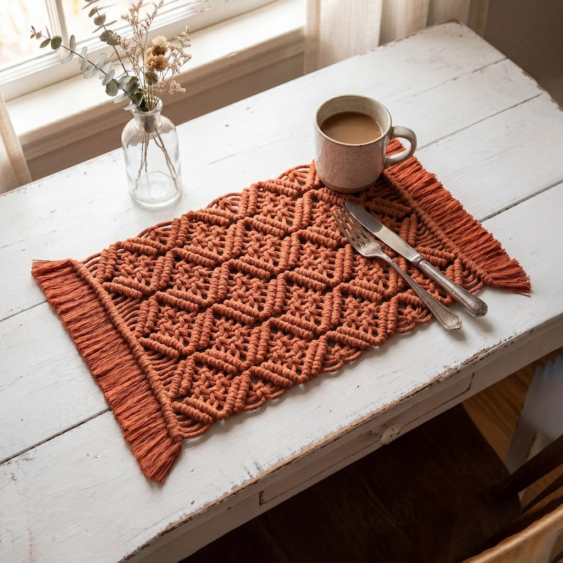Woven Macrame Placemat Boho Table Runner with Fringed Diamond Pattern, Natural, 4 Sizes