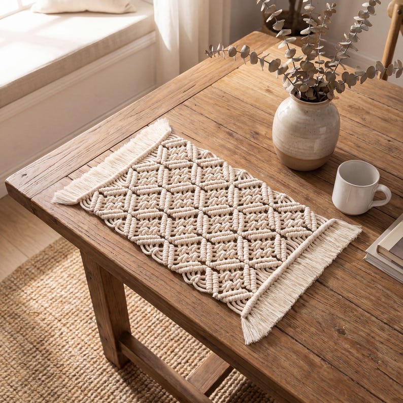 Woven Macrame Placemat Boho Table Runner with Fringed Diamond Pattern, Natural, 4 Sizes