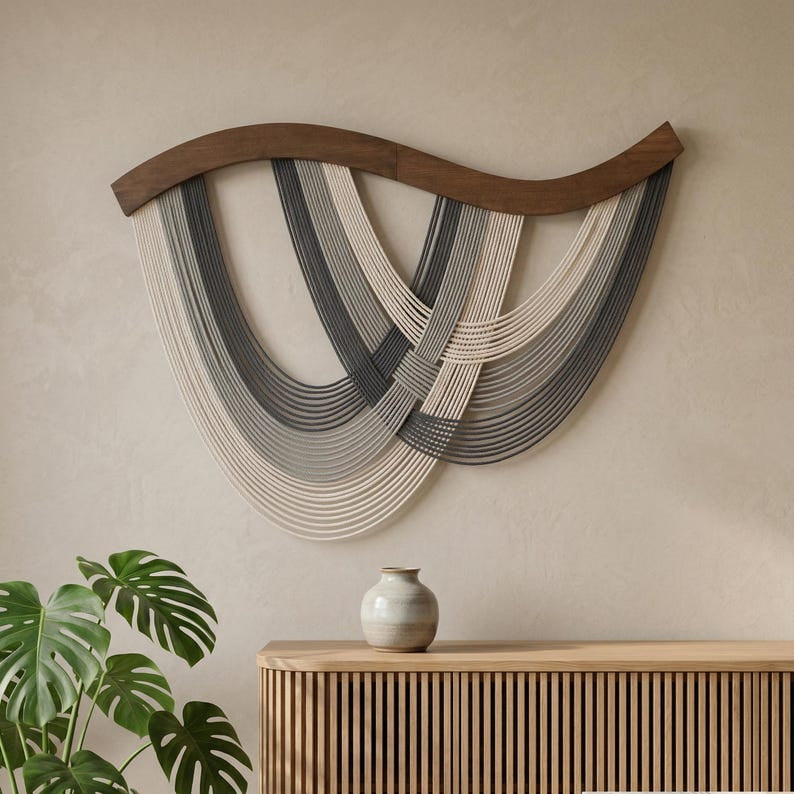 The Flow Wall Hanging - Scandinavian Macrame Wall Art with Teal and Cream Tones - Wavy Wood Bar - 31.5"W x 23.6"H