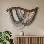 The Flow Wall Hanging - Scandinavian Macrame Wall Art with Teal and Cream Tones - Wavy Wood Bar - 31.5"W x 23.6"H