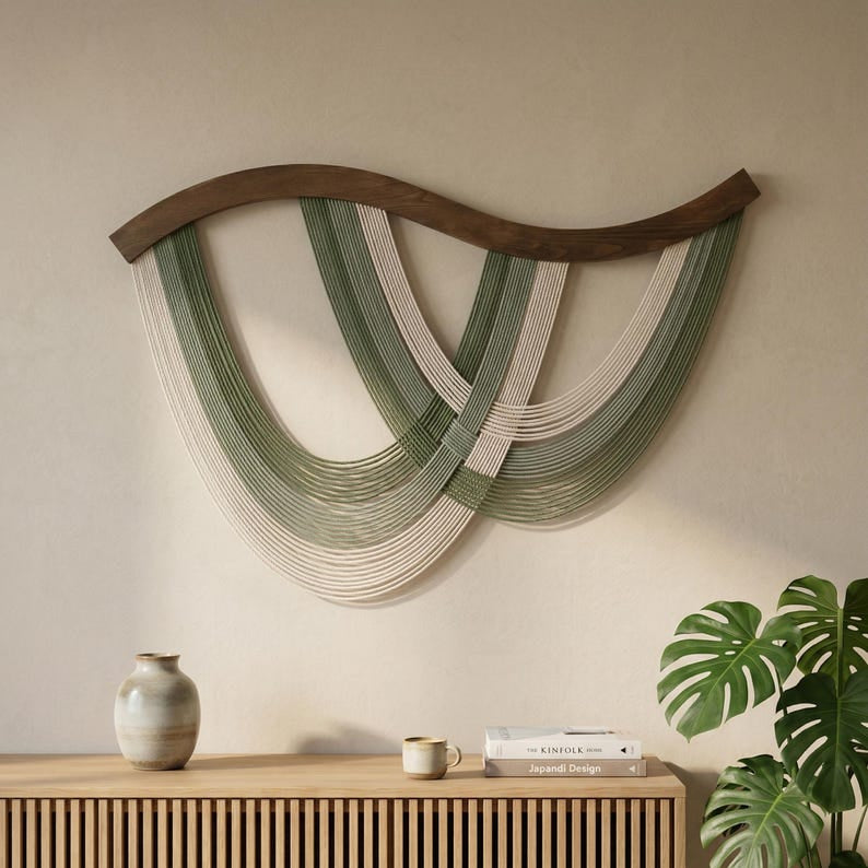 The Flow Wall Hanging - Scandinavian Macrame Wall Art with Teal and Cream Tones - Wavy Wood Bar - 31.5"W x 23.6"H