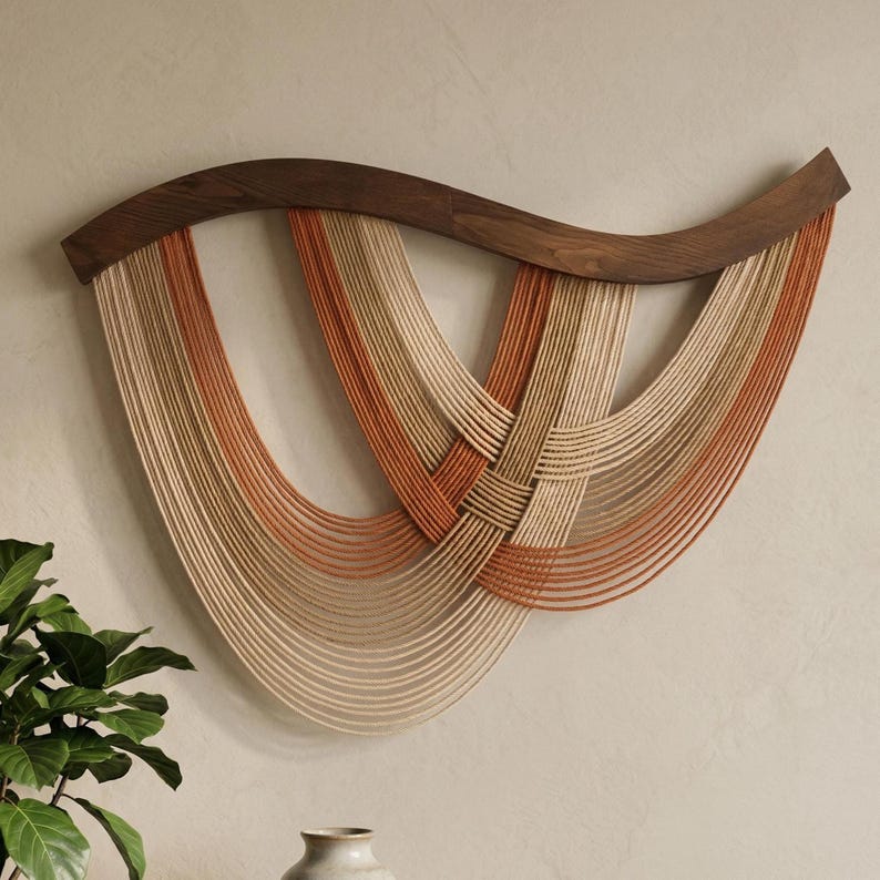 The Flow Wall Hanging - Scandinavian Macrame Wall Art with Teal and Cream Tones - Wavy Wood Bar - 31.5"W x 23.6"H