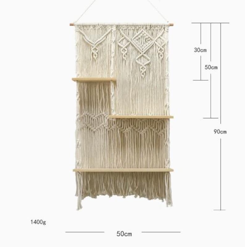 3-Tier Macrame Wall Shelf Boho Hanging Shelf with Wooden Shelves 50x90 cm Natural Cotton Handmade Wall Decor