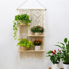 3-Tier Macrame Wall Shelf Boho Hanging Shelf with Wooden Shelves 50x90 cm Natural Cotton Handmade Wall Decor