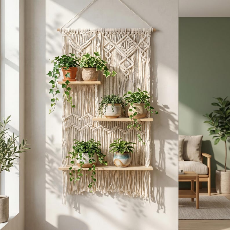 3-Tier Macrame Wall Shelf Boho Hanging Shelf with Wooden Shelves 50x90 cm Natural Cotton Handmade Wall Decor