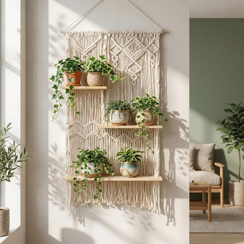 3-Tier Macrame Wall Shelf Boho Hanging Shelf with Wooden Shelves 50x90 cm Natural Cotton Handmade Wall Decor