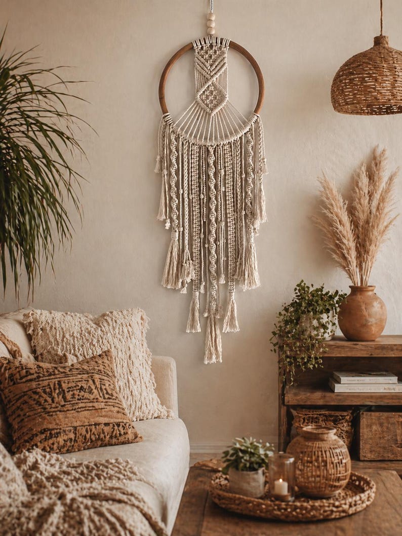 Boho Macrame Wall Hanging, Large Dream Catcher Wall Decor, Handmade Neutral Home Decor, Rustic Fiber Art
