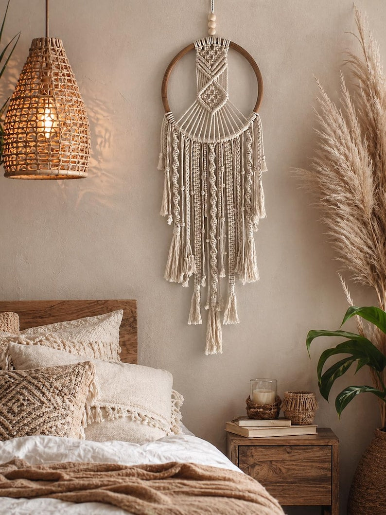 Boho Macrame Wall Hanging, Large Dream Catcher Wall Decor, Handmade Neutral Home Decor, Rustic Fiber Art