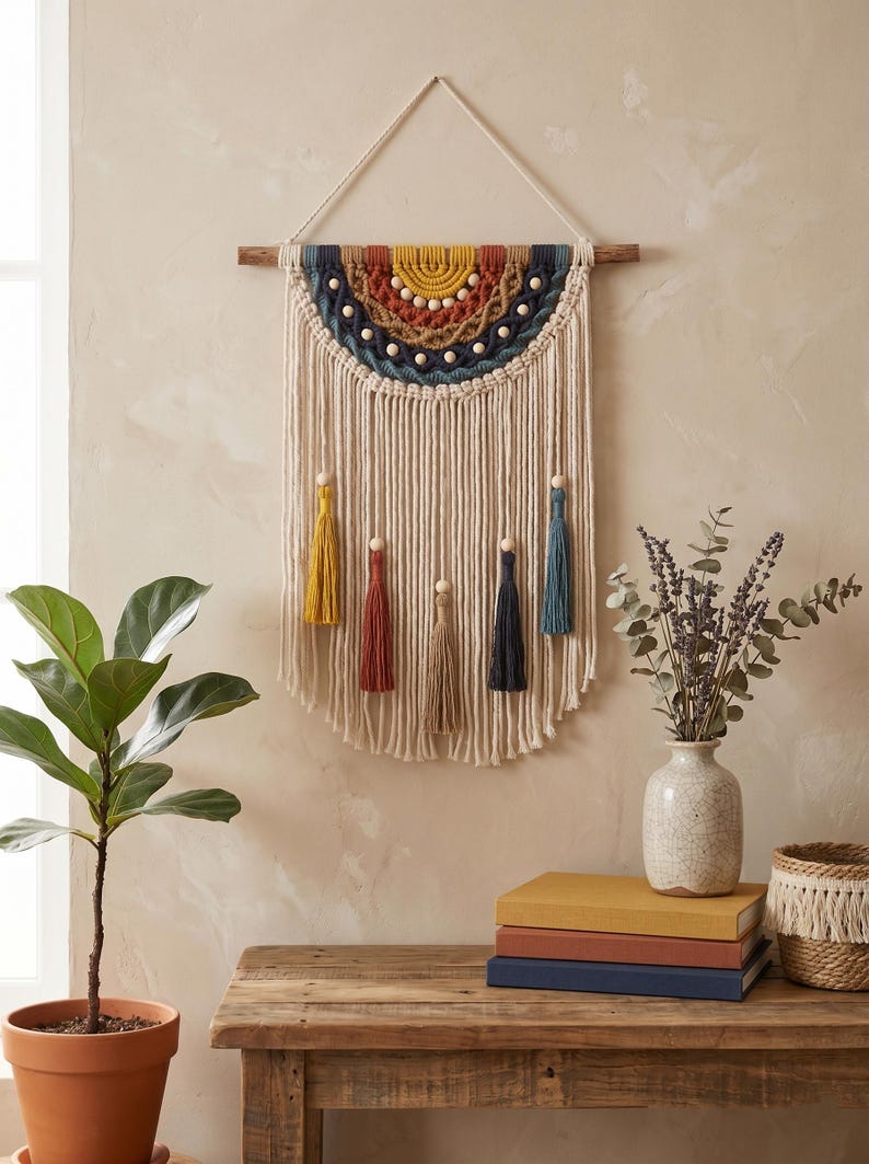 Macrame Rainbow Wall Hanging Woven Fiber Art Tapestry with Fringes and Tassels, Cotton, 40x60 cm