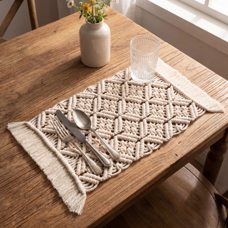 Woven Macrame Placemat Boho Table Runner with Fringed Diamond Pattern, Natural, 4 Sizes