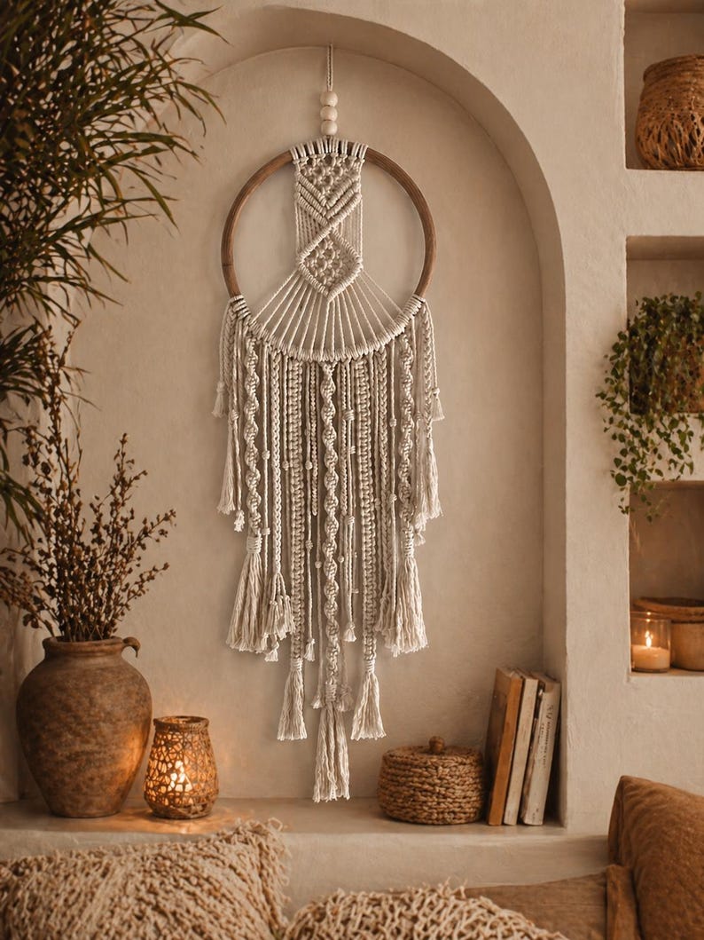 Boho Macrame Wall Hanging, Large Dream Catcher Wall Decor, Handmade Neutral Home Decor, Rustic Fiber Art