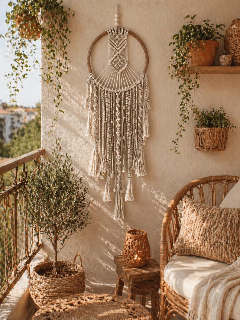 Boho Macrame Wall Hanging, Large Dream Catcher Wall Decor, Handmade Neutral Home Decor, Rustic Fiber Art