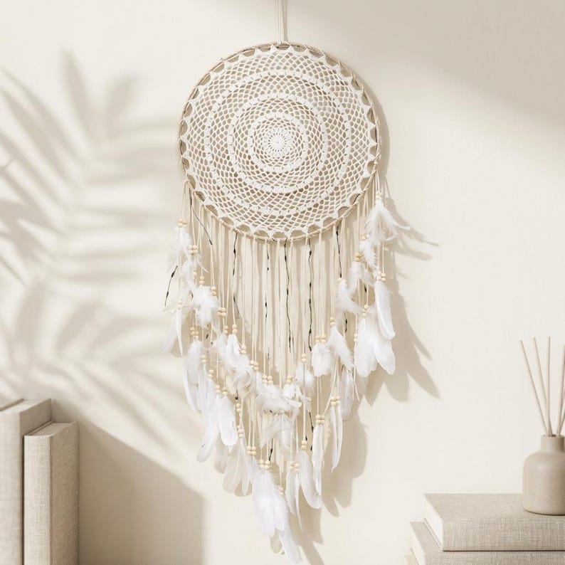 Large Boho Dream Catcher, Crochet Lace Wall Hanging, White Feather Decor, Wooden Bead Accent, 40cm