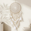 Large Boho Dream Catcher, Crochet Lace Wall Hanging, White Feather Decor, Wooden Bead Accent, 40cm