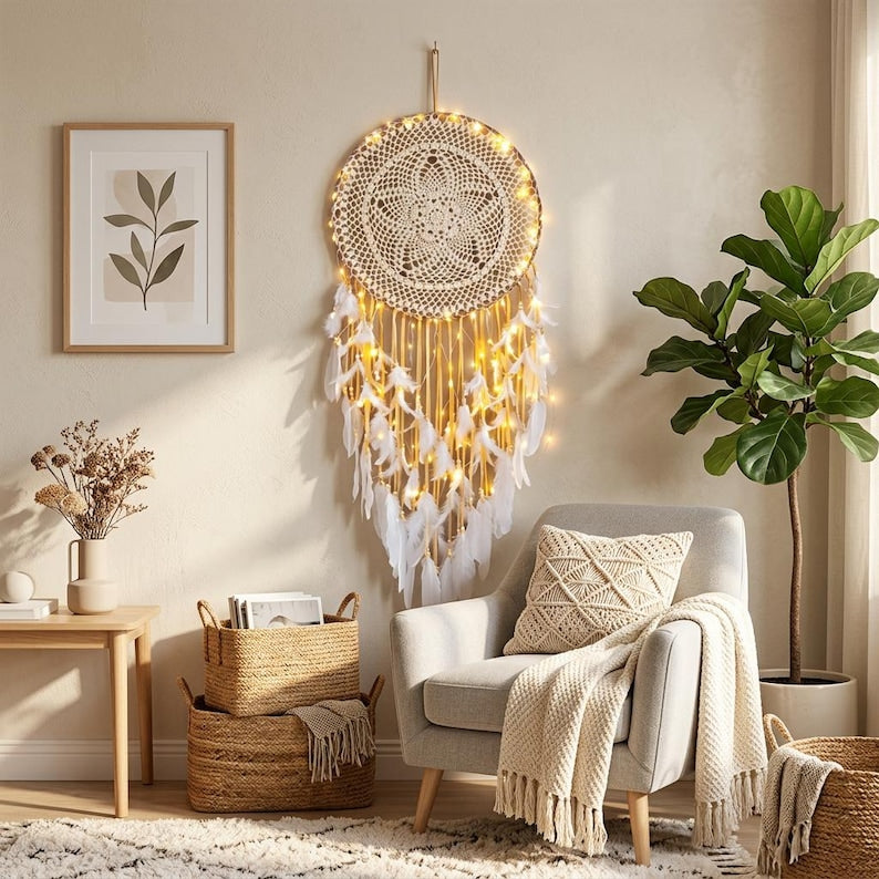 Large Boho Dream Catcher, Crochet Lace Wall Hanging, White Feather Decor, Wooden Bead Accent, 40cm