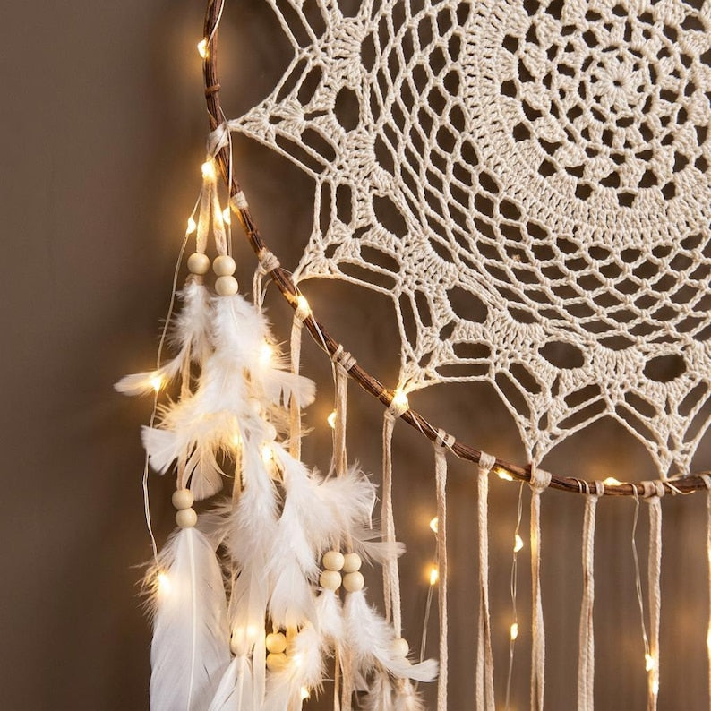 Large Boho Dream Catcher, Crochet Lace Wall Hanging, White Feather Decor, Wooden Bead Accent, 40cm