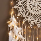 Large Boho Dream Catcher, Crochet Lace Wall Hanging, White Feather Decor, Wooden Bead Accent, 40cm