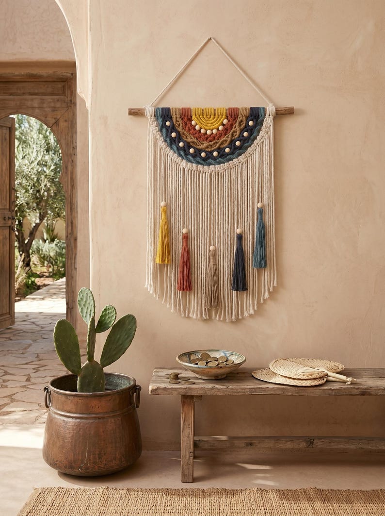 Macrame Rainbow Wall Hanging Woven Fiber Art Tapestry with Fringes and Tassels, Cotton, 40x60 cm