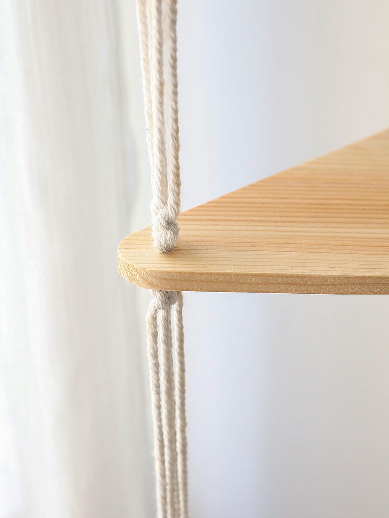 Wooden Corner Shelf Wall Decor | Macrame Floating Shelf | Boho Hanging Plant Shelf