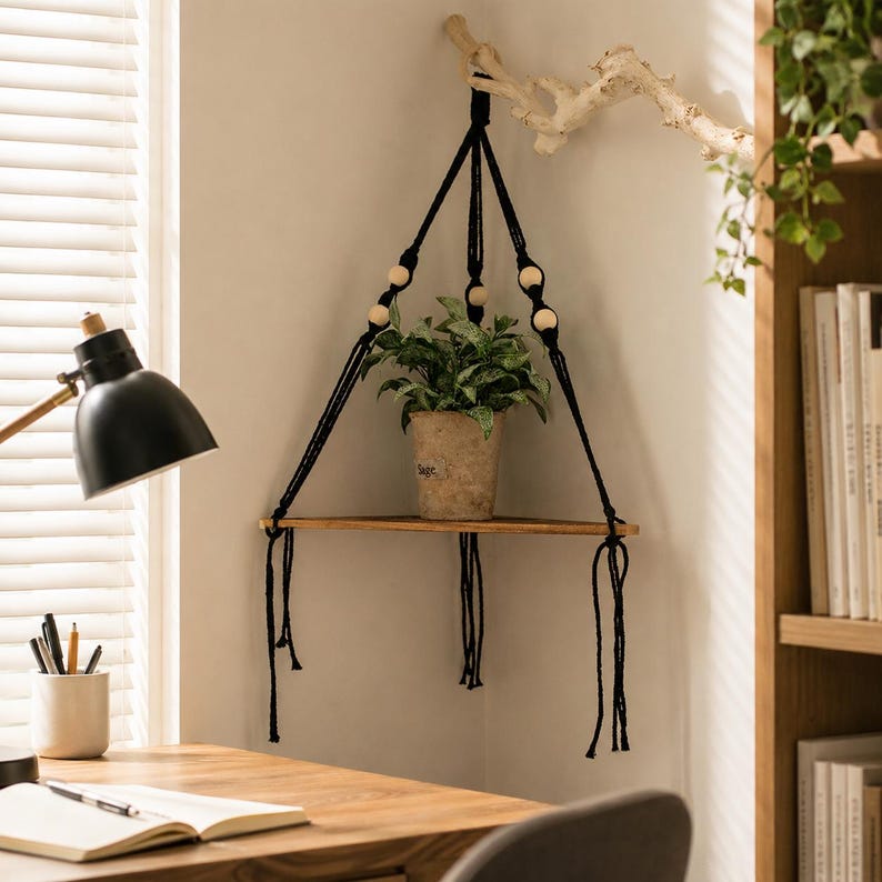 Wooden Corner Shelf Wall Decor | Macrame Floating Shelf | Boho Hanging Plant Shelf