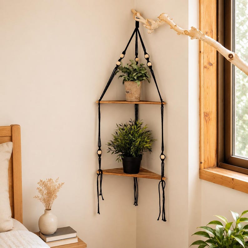 Wooden Corner Shelf Wall Decor | Macrame Floating Shelf | Boho Hanging Plant Shelf