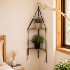 Wooden Corner Shelf Wall Decor | Macrame Floating Shelf | Boho Hanging Plant Shelf