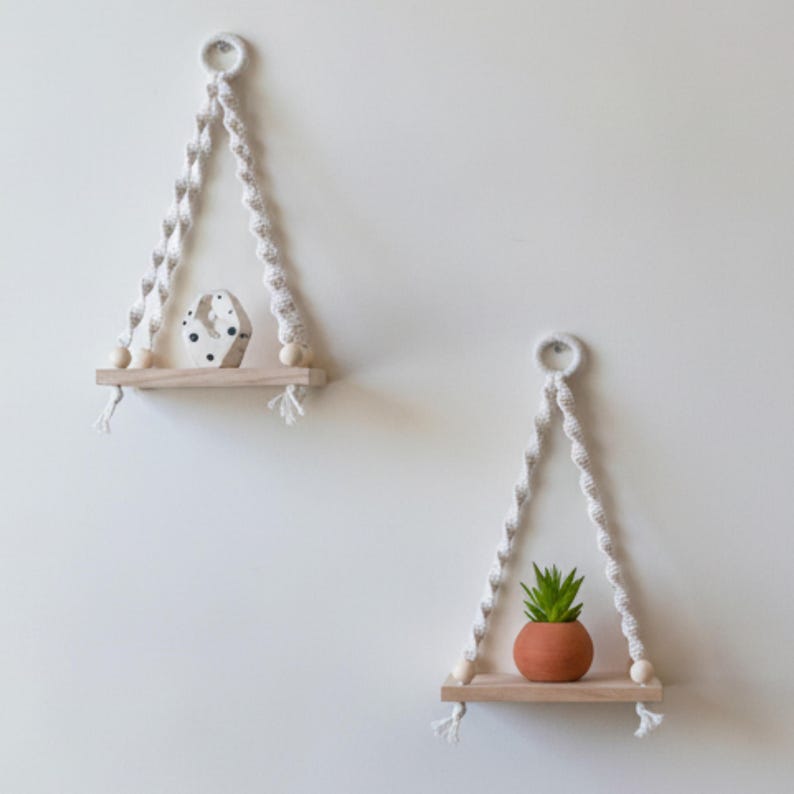 Macrame Hanging Shelf Pine Wood Boho Wall Shelf for Plants Decor, 14x8.5x6 Inch Natural Cotton
