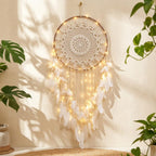 Large Boho Dream Catcher, Crochet Lace Wall Hanging, White Feather Decor, Wooden Bead Accent, 40cm
