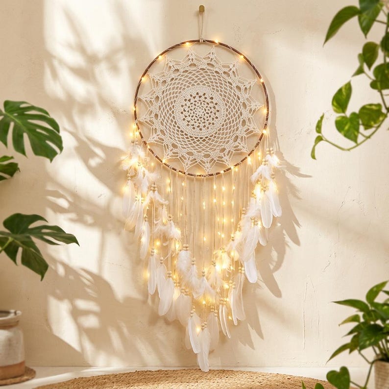 Large Boho Dream Catcher, Crochet Lace Wall Hanging, White Feather Decor, Wooden Bead Accent, 40cm