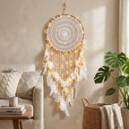 Large Boho Dream Catcher, Crochet Lace Wall Hanging, White Feather Decor, Wooden Bead Accent, 40cm