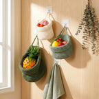 Woven Hanging Produce Basket with Handle, Boho Farmhouse Kitchen Pantry Organizer, Natural Storage for Fruits and Vegetables