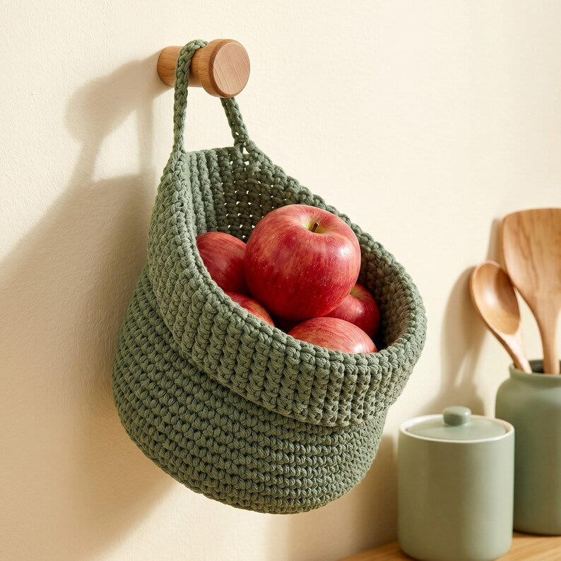 Woven Hanging Produce Basket with Handle, Boho Farmhouse Kitchen Pantry Organizer, Natural Storage for Fruits and Vegetables