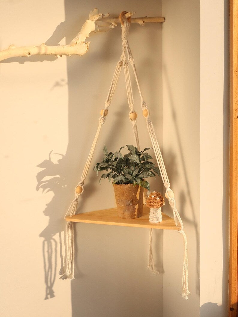 Wooden Corner Shelf Wall Decor | Macrame Floating Shelf | Boho Hanging Plant Shelf