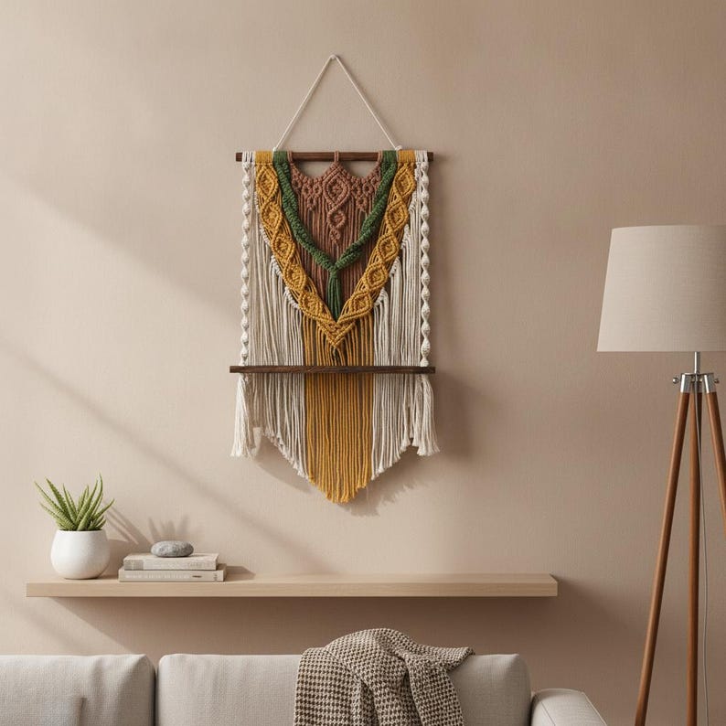 Macrame Wall Hanging Shelf with Wooden Display, Boho Woven Fiber Art, Plant Shelf, Handmade Wall Decor