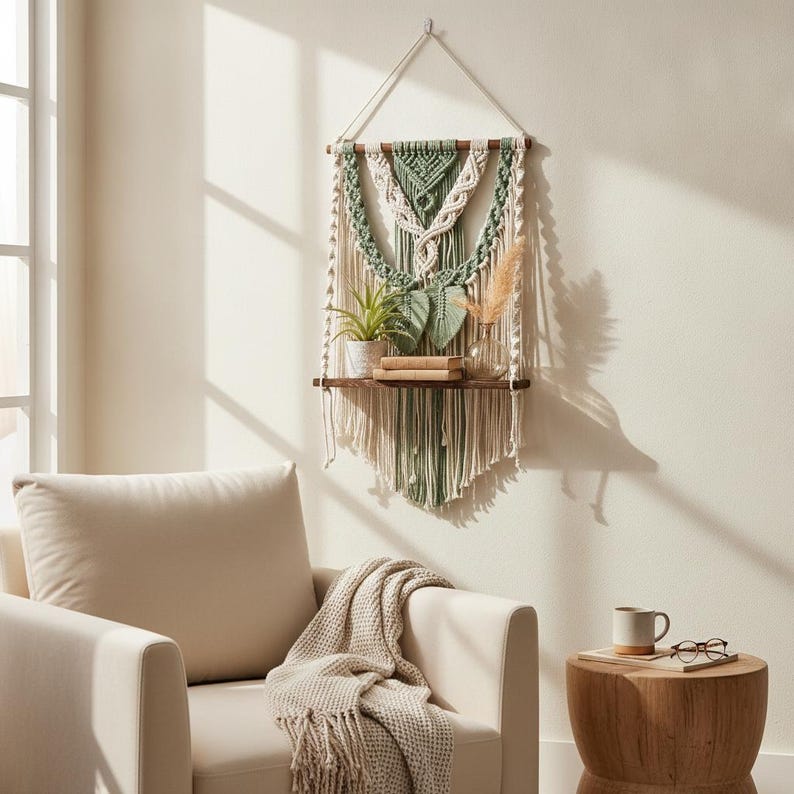 Macrame Wall Hanging Shelf with Wooden Display, Boho Woven Fiber Art, Plant Shelf, Handmade Wall Decor