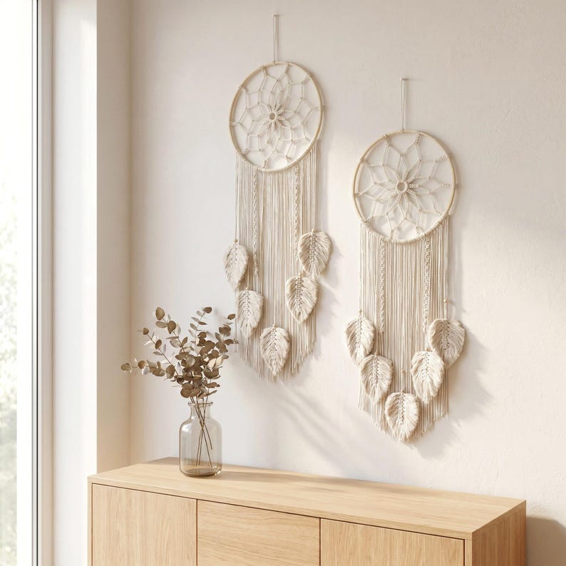 Boho Dreamcatcher Wall Decor Ivory Rose Pink Macrame Hanging for Dining Room Bedroom
