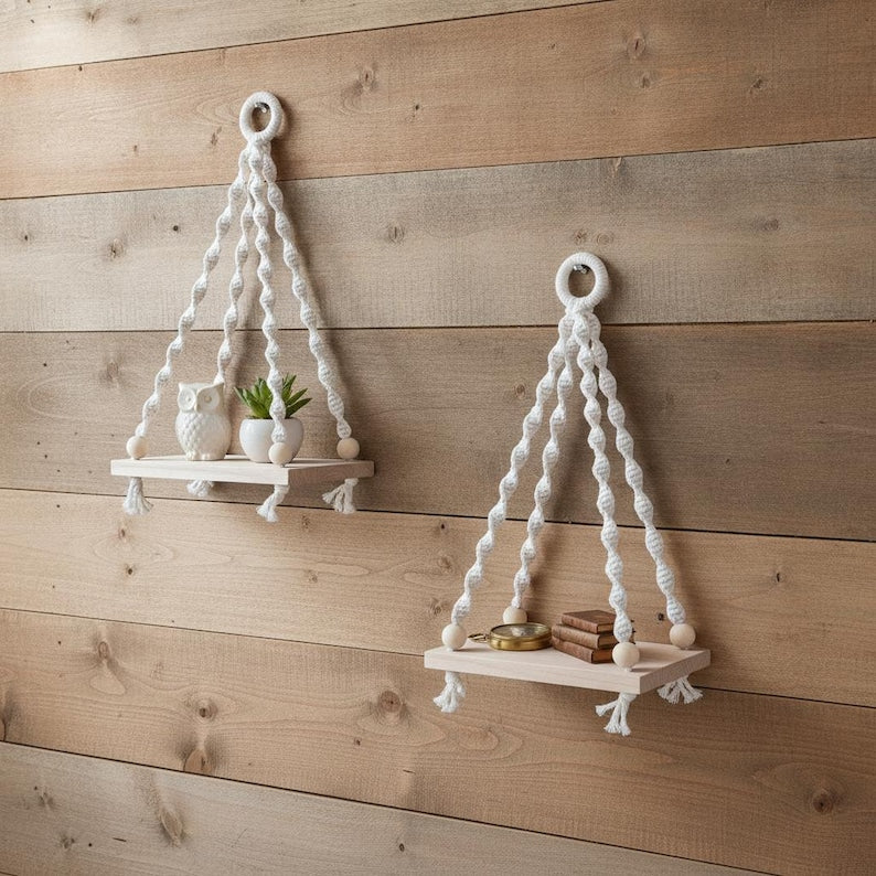 Macrame Hanging Shelf Pine Wood Boho Wall Shelf for Plants Decor, 14x8.5x6 Inch Natural Cotton