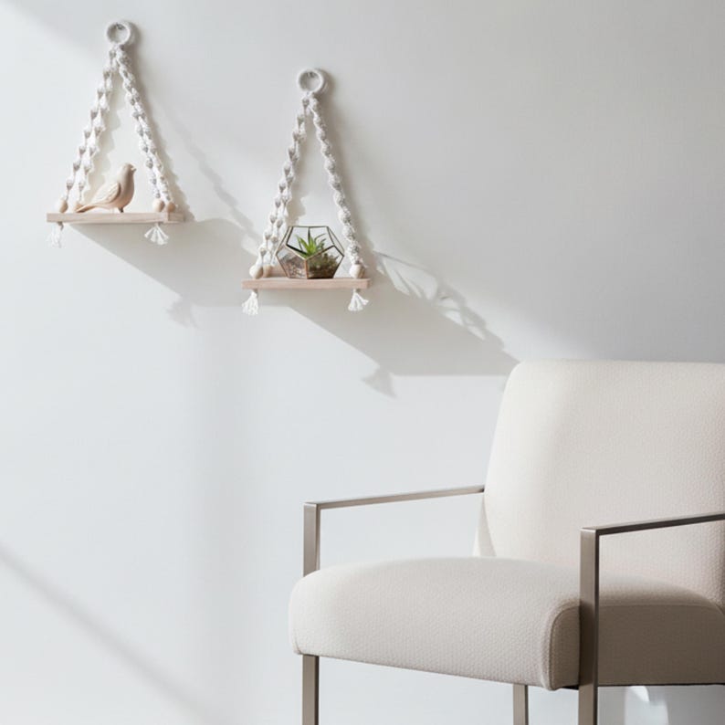 Macrame Hanging Shelf Pine Wood Boho Wall Shelf for Plants Decor, 14x8.5x6 Inch Natural Cotton